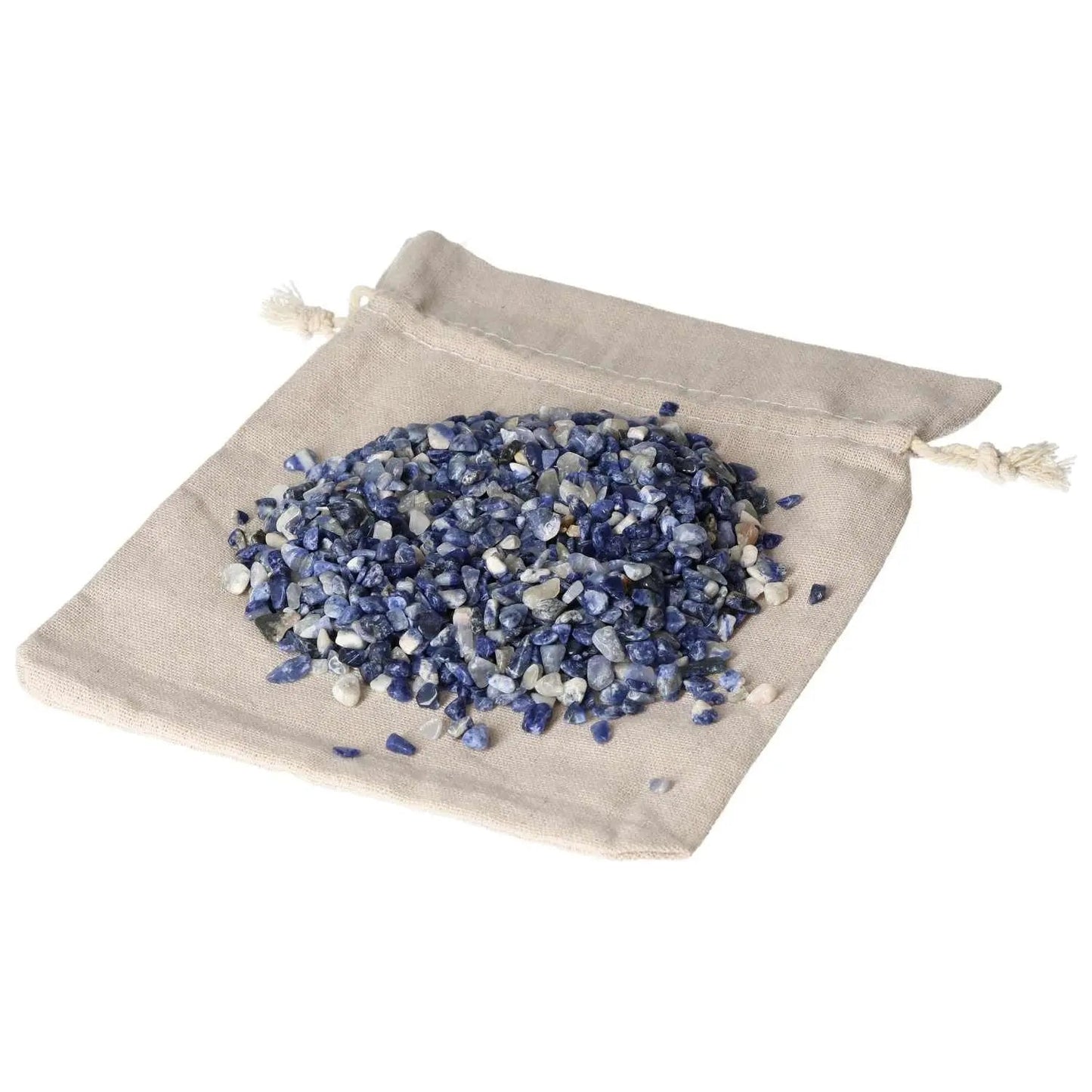 Pile of Sodalite crystals on a beige drawstring pouch, showcasing vibrant blue hues and premium quality from Sylvia Crystals, 1kg 5000 pcs.