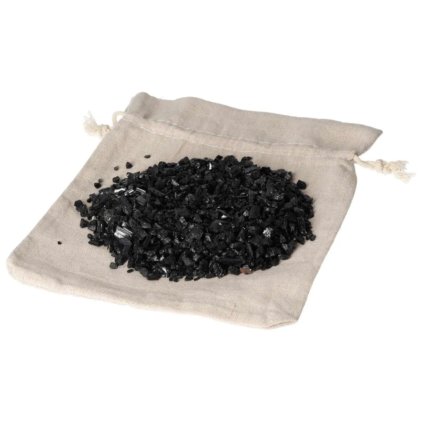 Bag containing 1kg of 5000 black tourmaline crystals from Sylvia Crystals, ideal for energy harmonization and metaphysical practices.