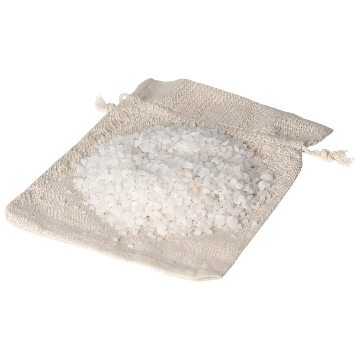 Quartz White 1kg 5000 pcs crystals in a beige pouch, perfect for enhancing spiritual energy and clarity.