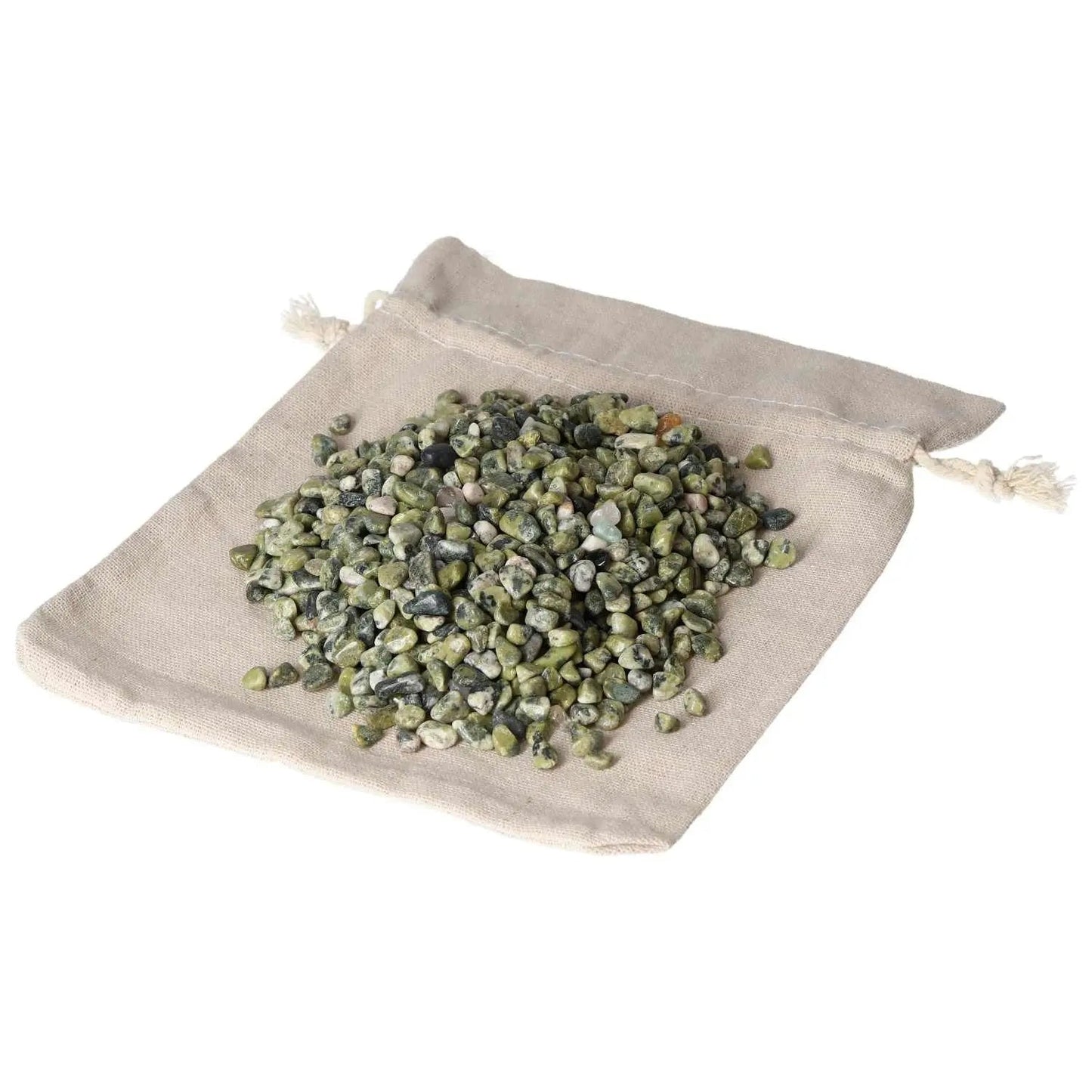 Jadeite 1kg 5000 pcs on beige pouch, featuring natural green gemstones designed for luxury and spiritual harmony from Sylvia Crystals.