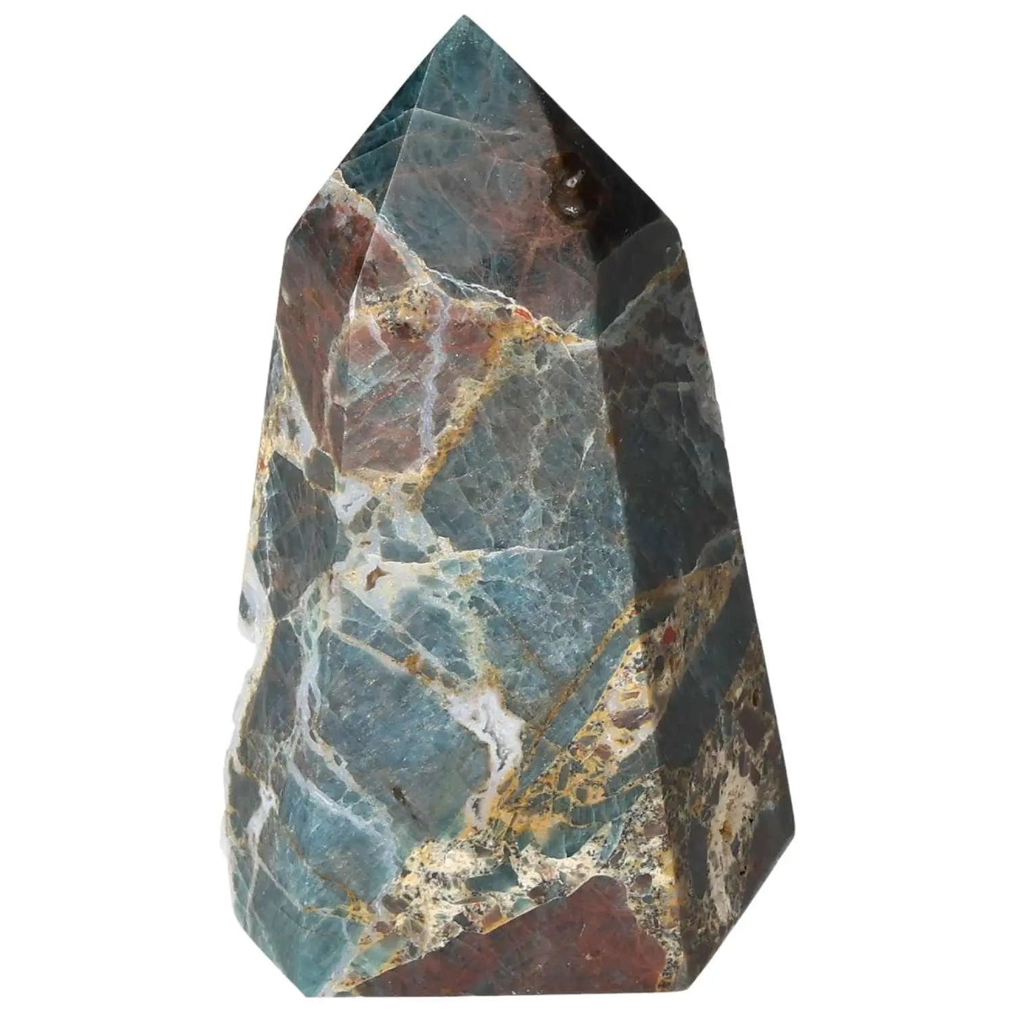 Apatite Obelisk from Sylvia Crystals showcasing vibrant colors and natural patterns, symbolizing luxury and spiritual harmony.