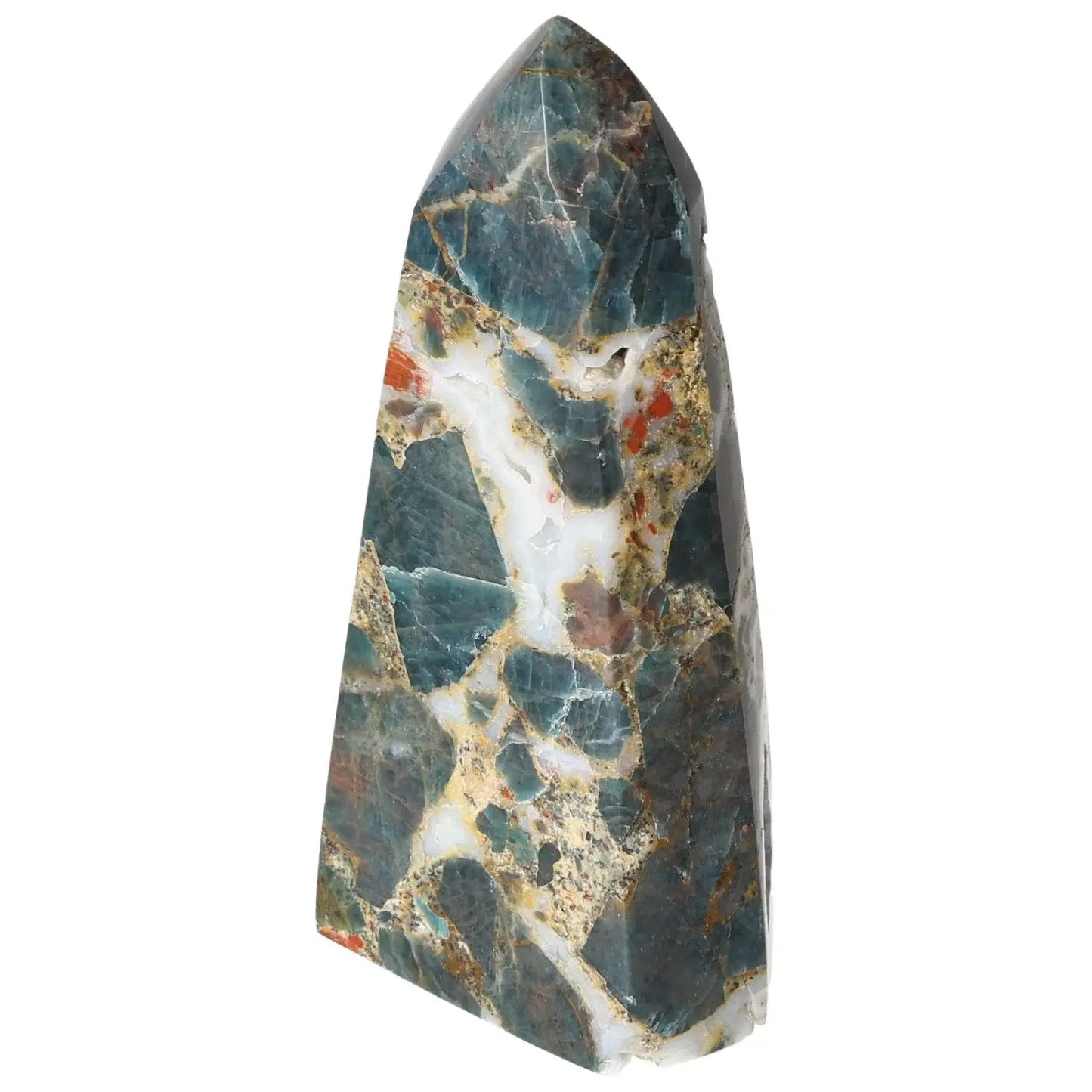 Apatite Obelisk from Sylvia Crystals showcasing luxury design and vibrant patterns, perfect for decorative and spiritual spaces.