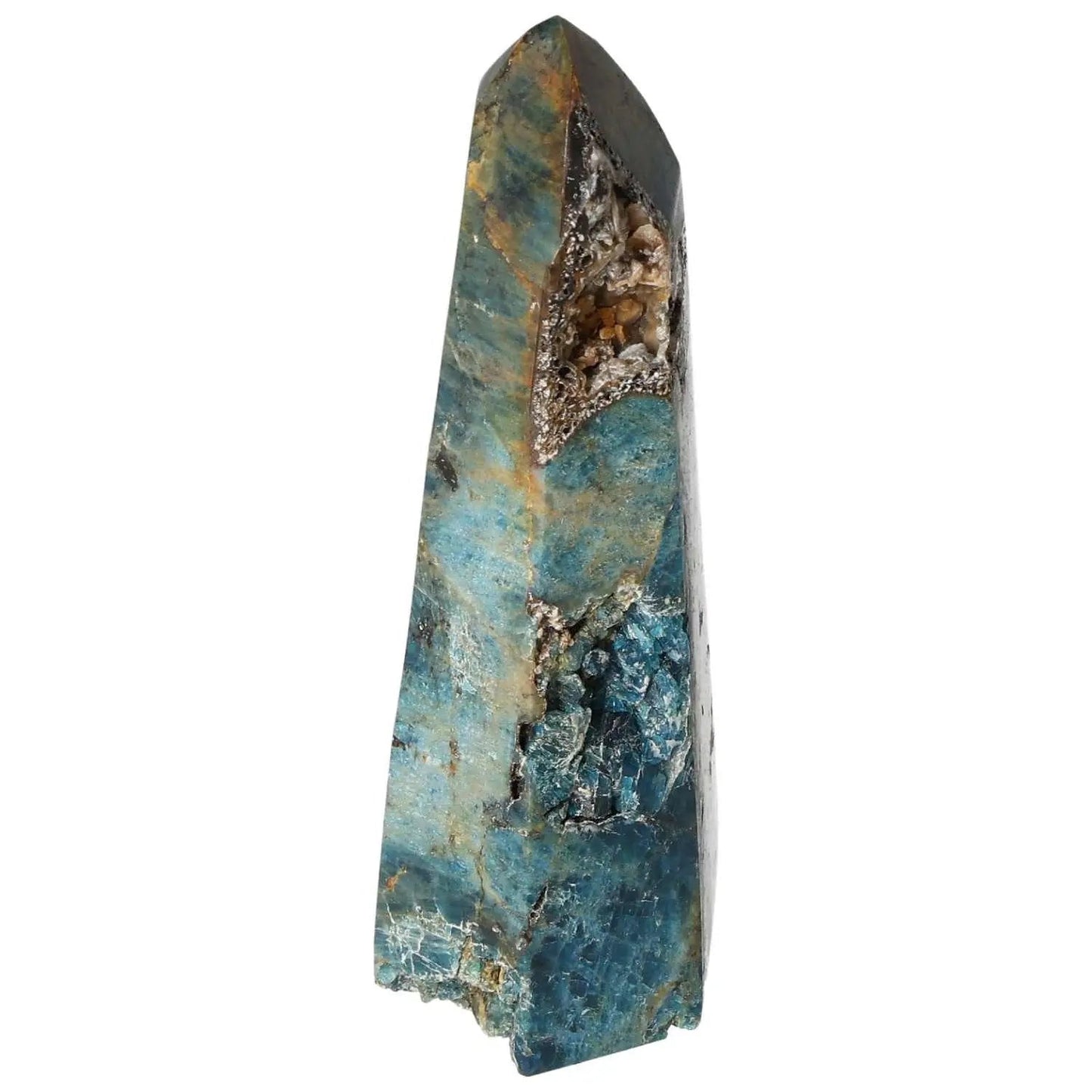 Apatite Obelisk by Sylvia Crystals, showcasing luxury and spiritual wellness with a stunning blend of blues and earthy textures.