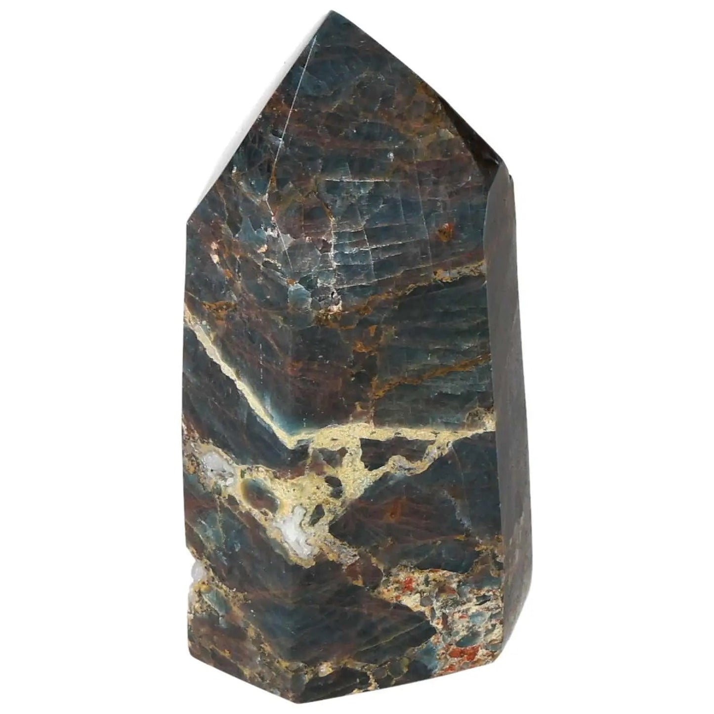 Apatite Obelisk from Sylvia Crystals showcasing deep blue hues with intricate patterns, a blend of aesthetics and spiritual elegance.