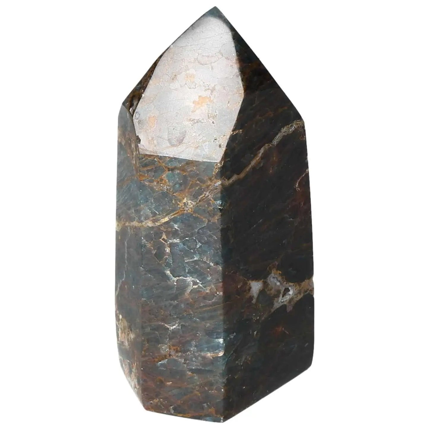 Apatite Obelisk from Sylvia Crystals showcasing natural beauty and spiritual elegance with unique patterns and textures.