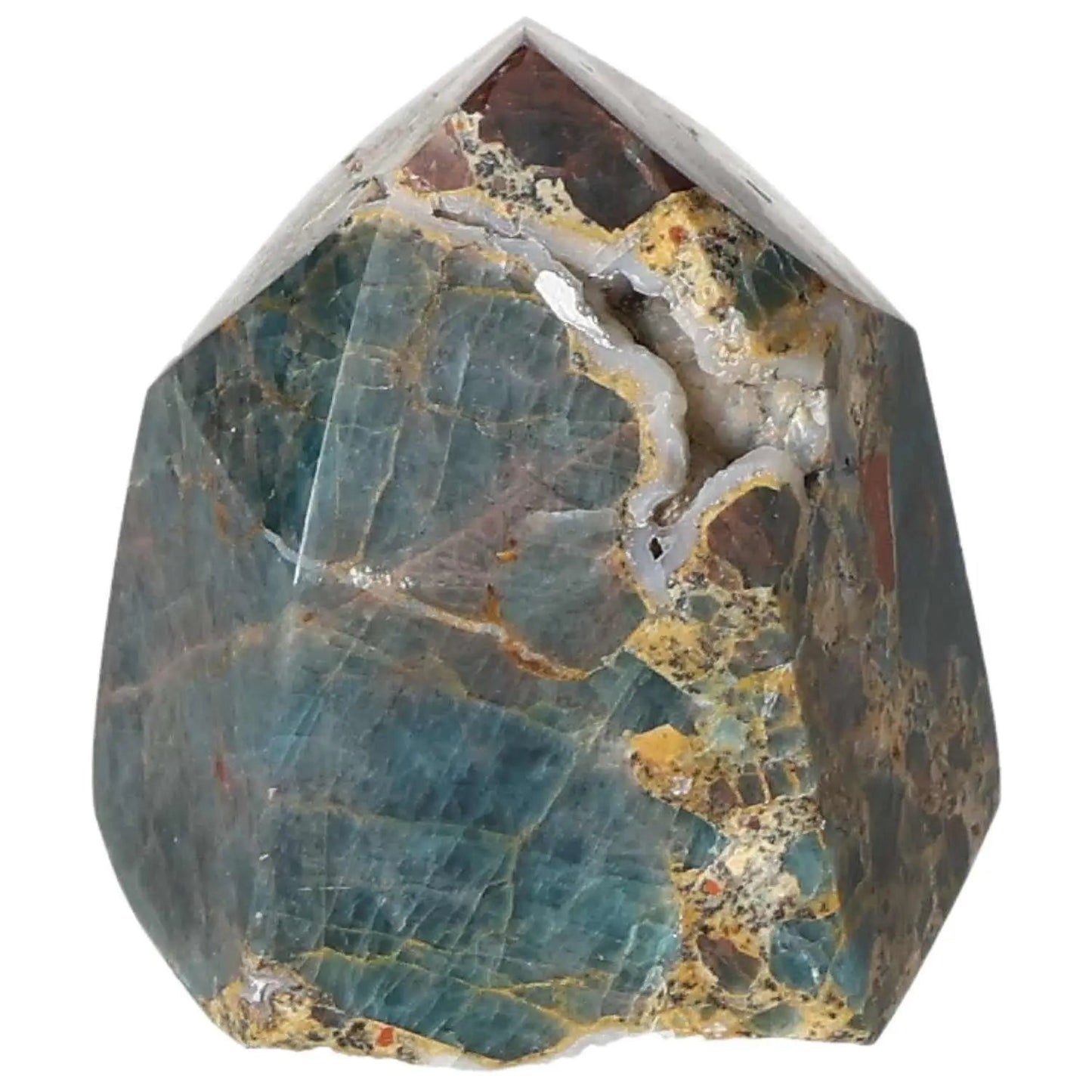 Apatite Obelisk by Sylvia Crystals, showcasing its vibrant blue tones and natural textures, known for spiritual transformation and inner connection.