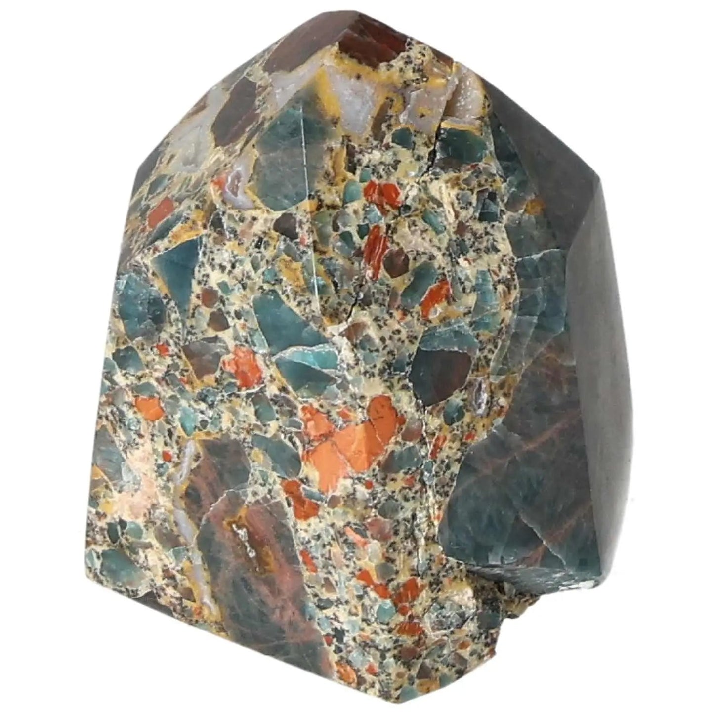 Exquisite Apatite Obelisk by Sylvia Crystals, showcasing luxury and spiritual energy in vibrant, multicolored stone patterns.