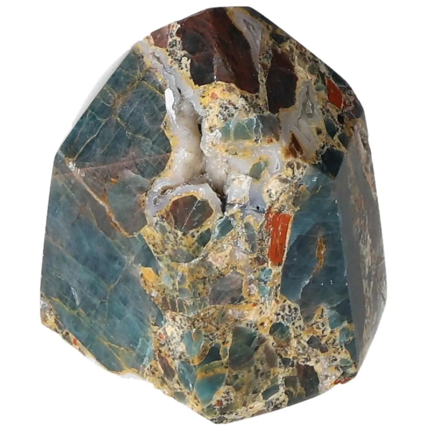 Apatite Obelisk from Sylvia Crystals, showcasing vibrant colors and intricate patterns, symbolizing transformation and spiritual energy.