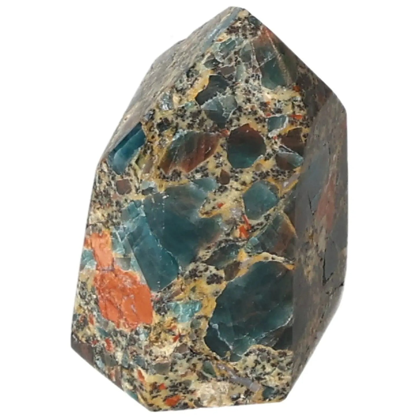 Apatite Obelisk from Sylvia Crystals showcasing vibrant blue and earthy tones, perfect for adding elegance and spiritual harmony to any space.