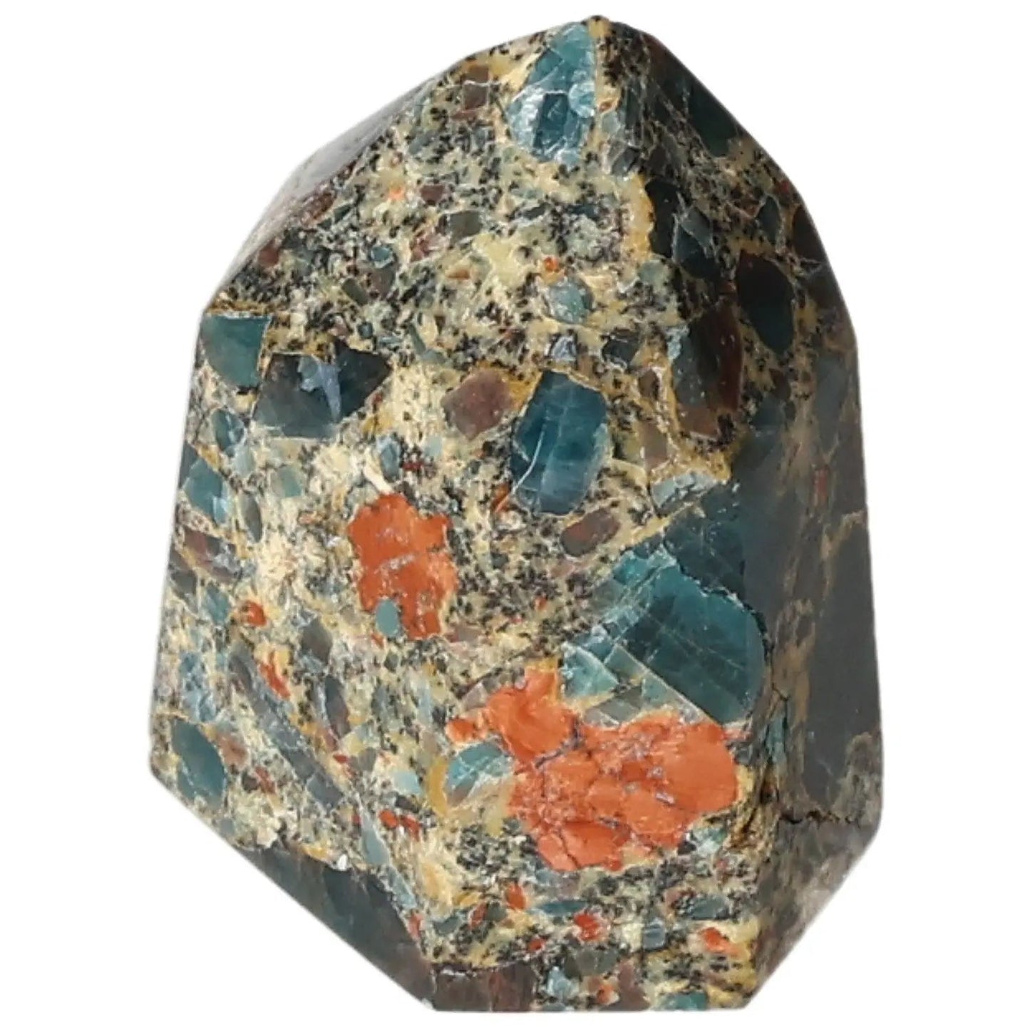 Apatite Obelisk from Sylvia Crystals featuring vibrant blue and earthy tones, epitomizing craftsmanship and spiritual elegance.