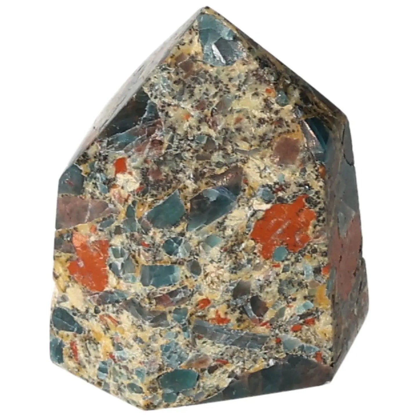Colorful gemstone obelisk featuring a mix of blue, orange, and earth tones, showcasing intricate patterns and natural beauty.