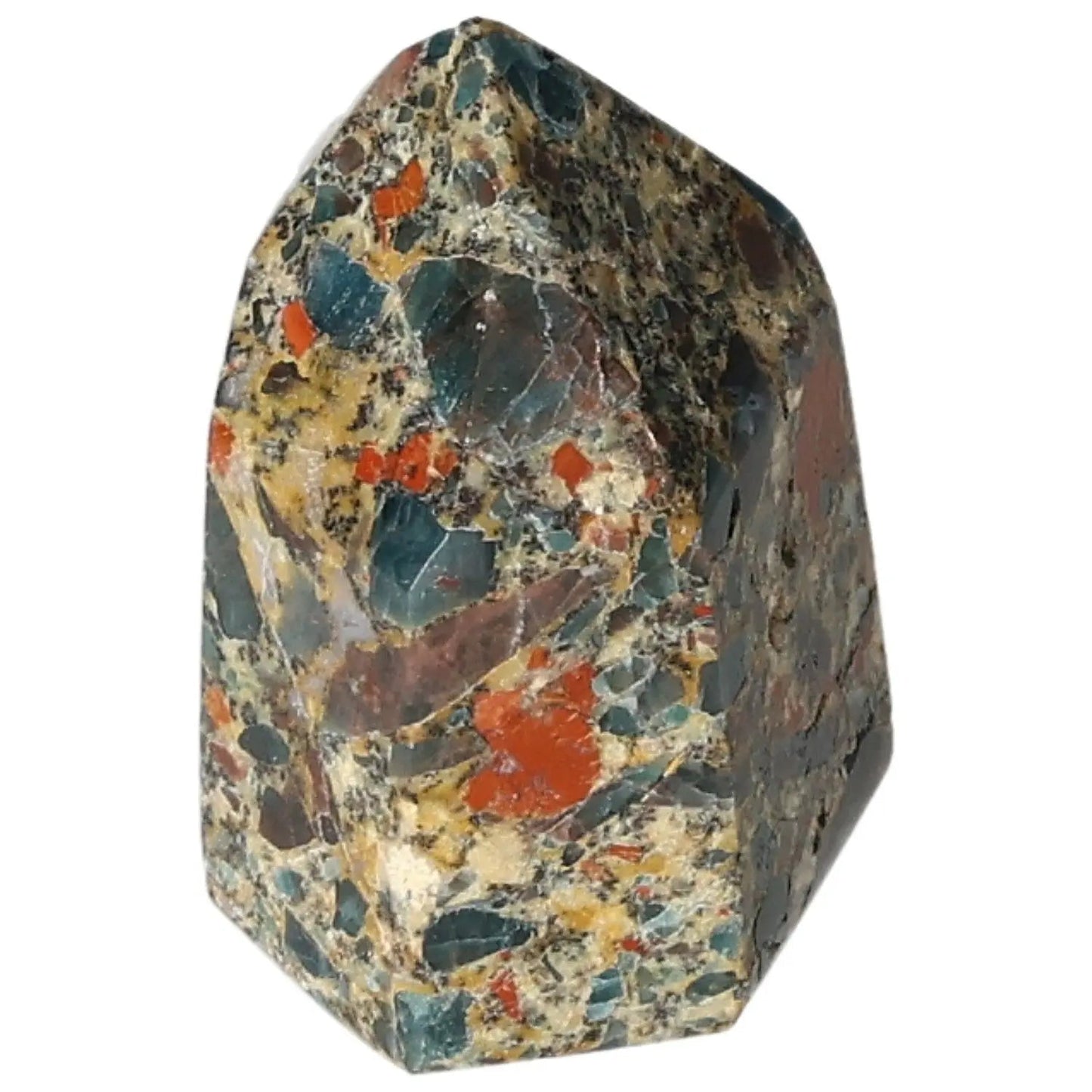 Colorful crystal obelisk with a blend of red, blue, and beige tones showcasing intricate patterns and textures on a white background.