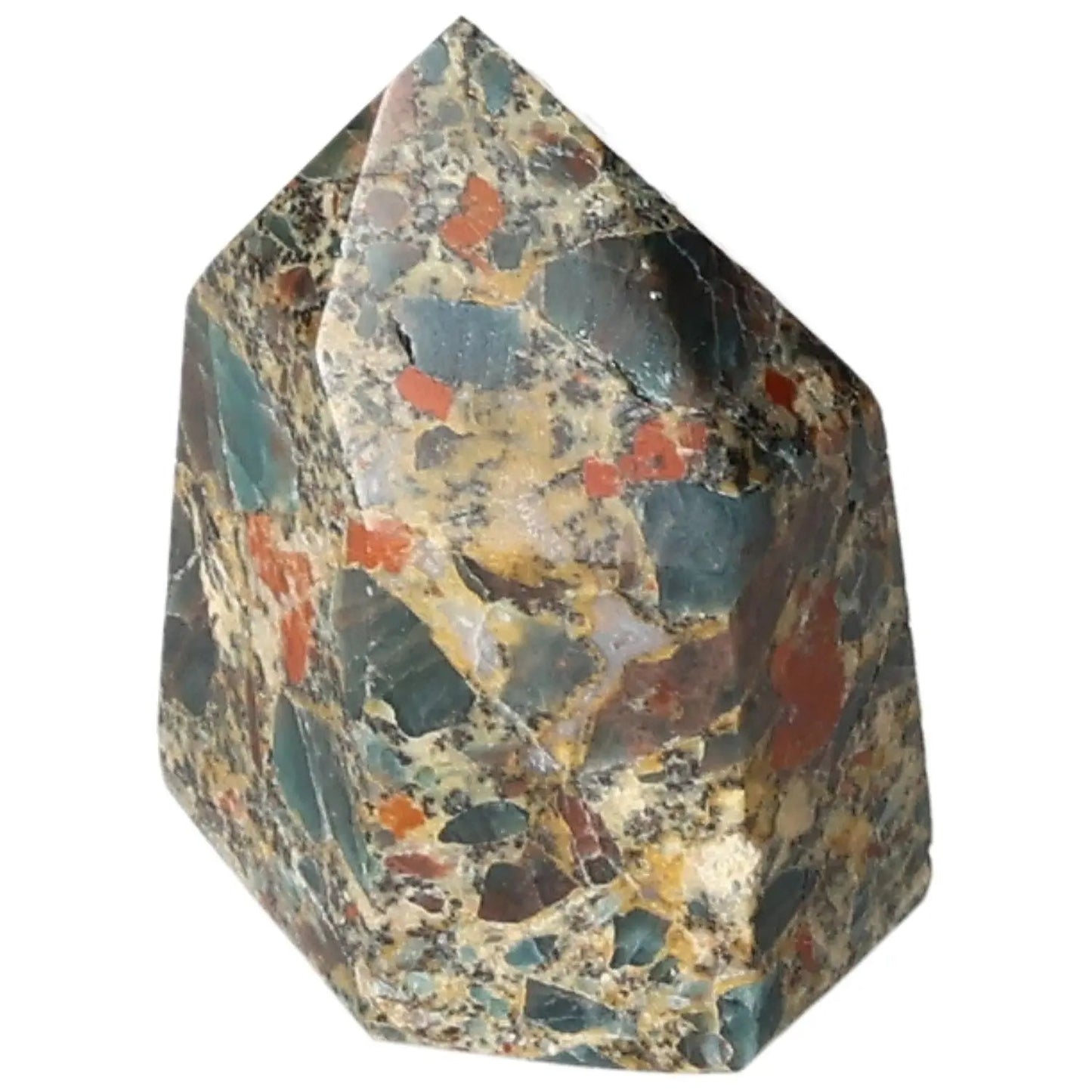 Multicolored obelisk crystal with natural patterns and textures, evoking the essence of earthy beauty and unique design.