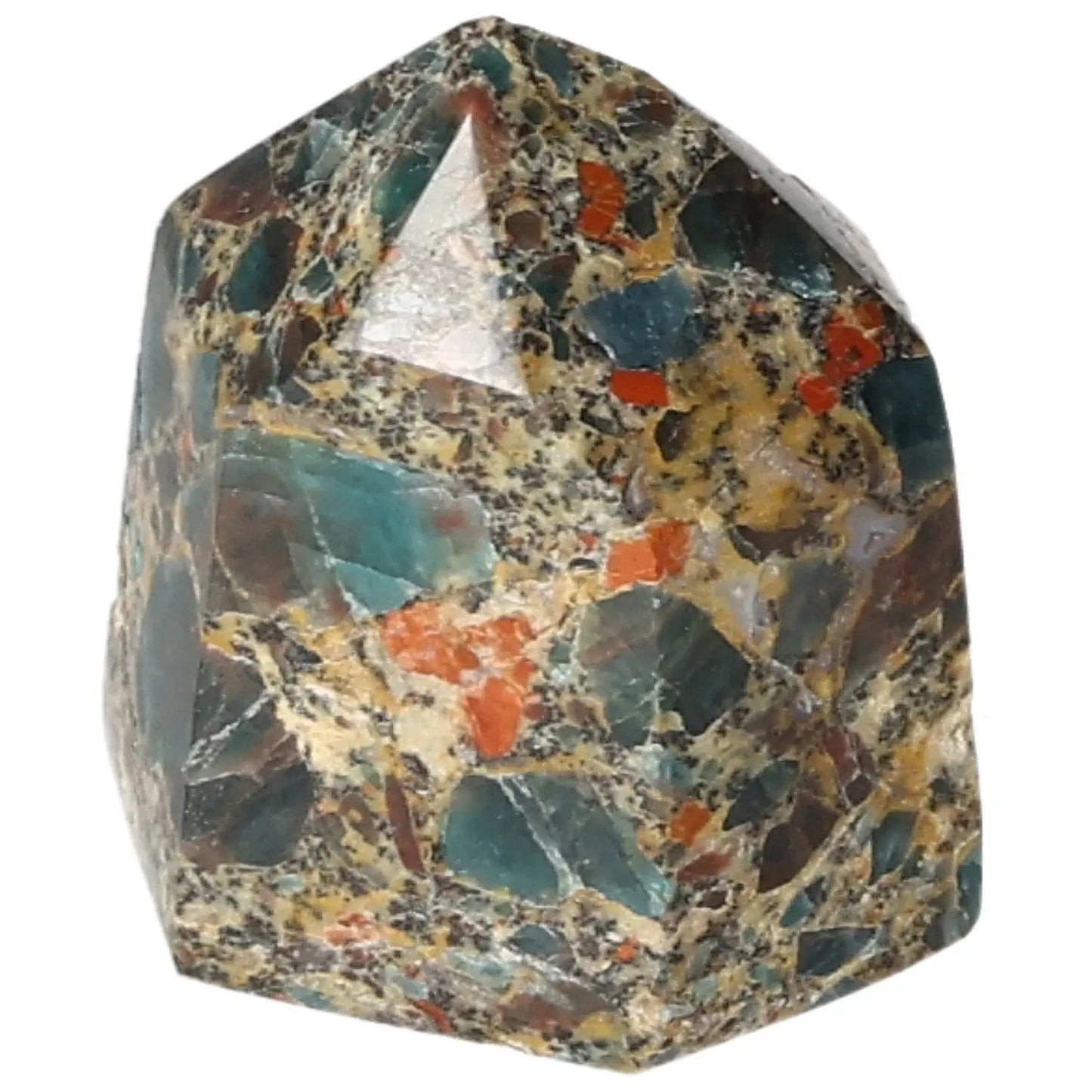 Multicolored stone obelisk featuring a blend of green, orange, and brown tones, showcasing intricate natural patterns.