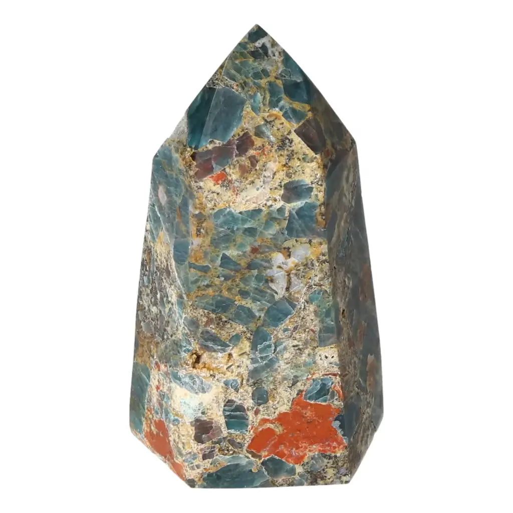 Apatite Obelisk from Sylvia Crystals with vibrant blue hues and unique patterns, known for luxury and spiritual essence.