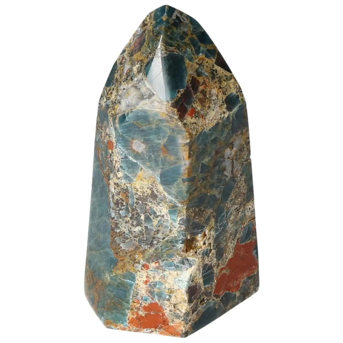 Apatite Obelisk with vibrant blue and earthy tones, premium quality from Sylvia Crystals, renowned for elegance and spiritual essence.