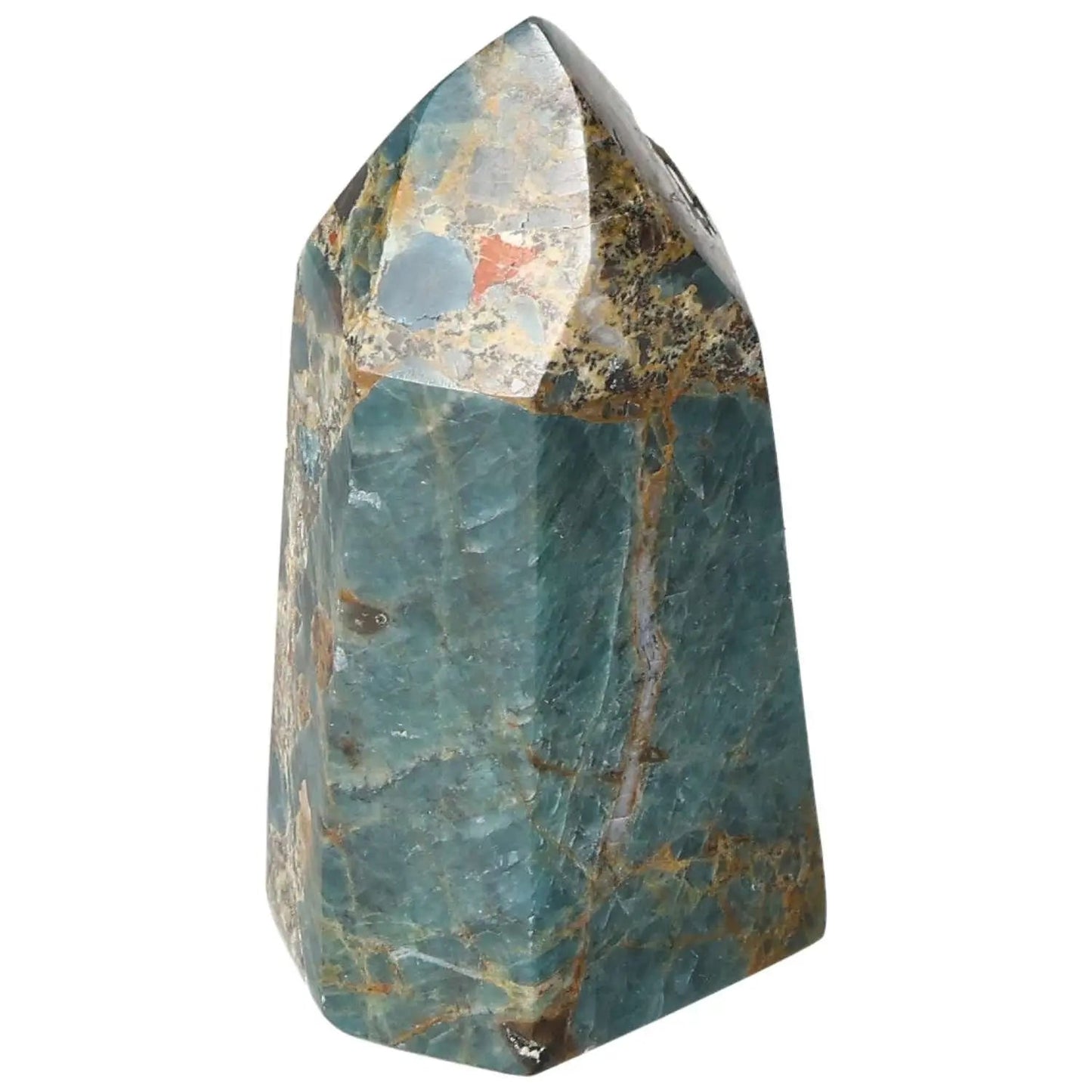 Elegant blue apatite obelisk crystal from Sylvia Crystals, showcasing vibrant hues and spiritual essence.