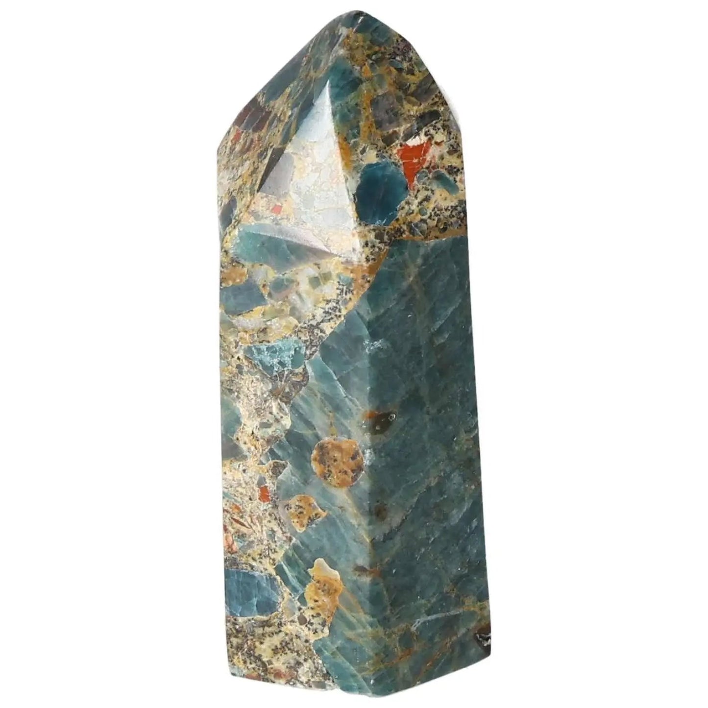 Apatite obelisk from Sylvia Crystals with vibrant blue hues, showcasing premium quality and spiritual essence.