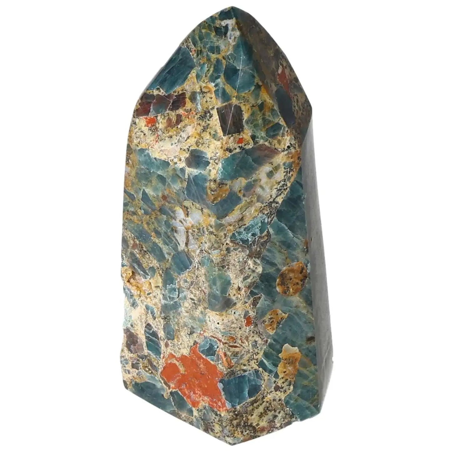Apatite Obelisk from Sylvia Crystals, showcasing vibrant blue hues and natural patterns, epitomizing elegance and spiritual essence.