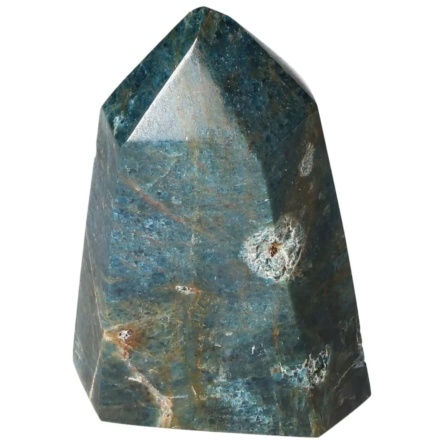 Apatite Obelisk by Sylvia Crystals, elegant decorative piece enhancing clarity and focus, natural blue gemstone.