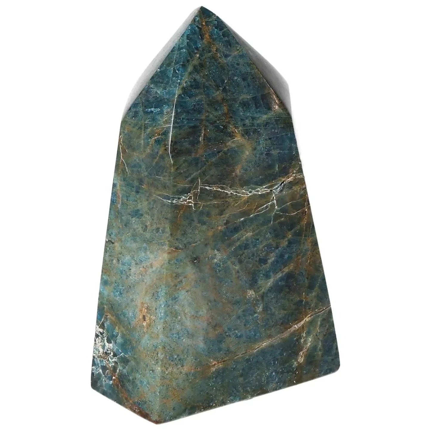 Apatite obelisk by Sylvia Crystals, showcasing premium quality and vibrant energy for enhancing clarity and focus in décor.
