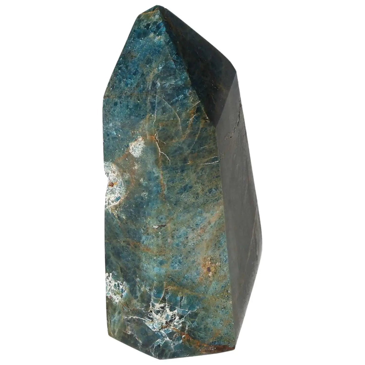 Elegant Apatite Obelisk by Sylvia Crystals, featuring vibrant blues and greens for clarity and focus enhancement in any space.