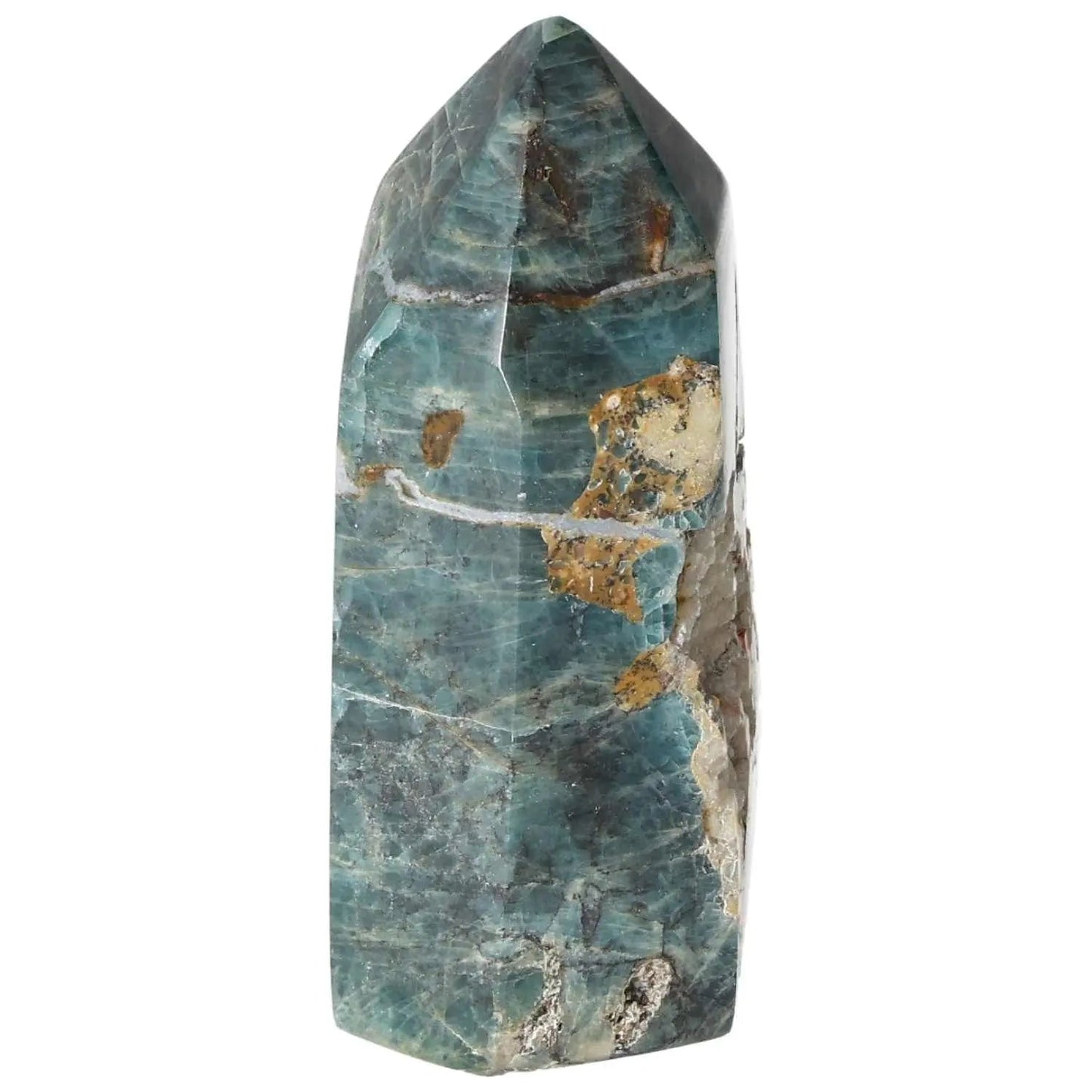 Apatite Obelisk from Sylvia Crystals, showcasing vibrant blue hues. Ideal for spiritual and decorative enhancement of living spaces.