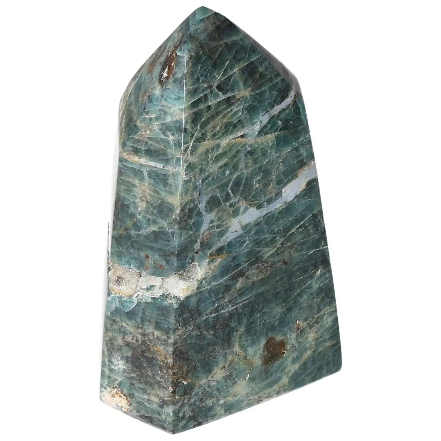 Apatite Obelisk from Sylvia Crystals, showcasing vibrant blue-green hues and exceptional clarity, perfect for luxury and spiritual decor.