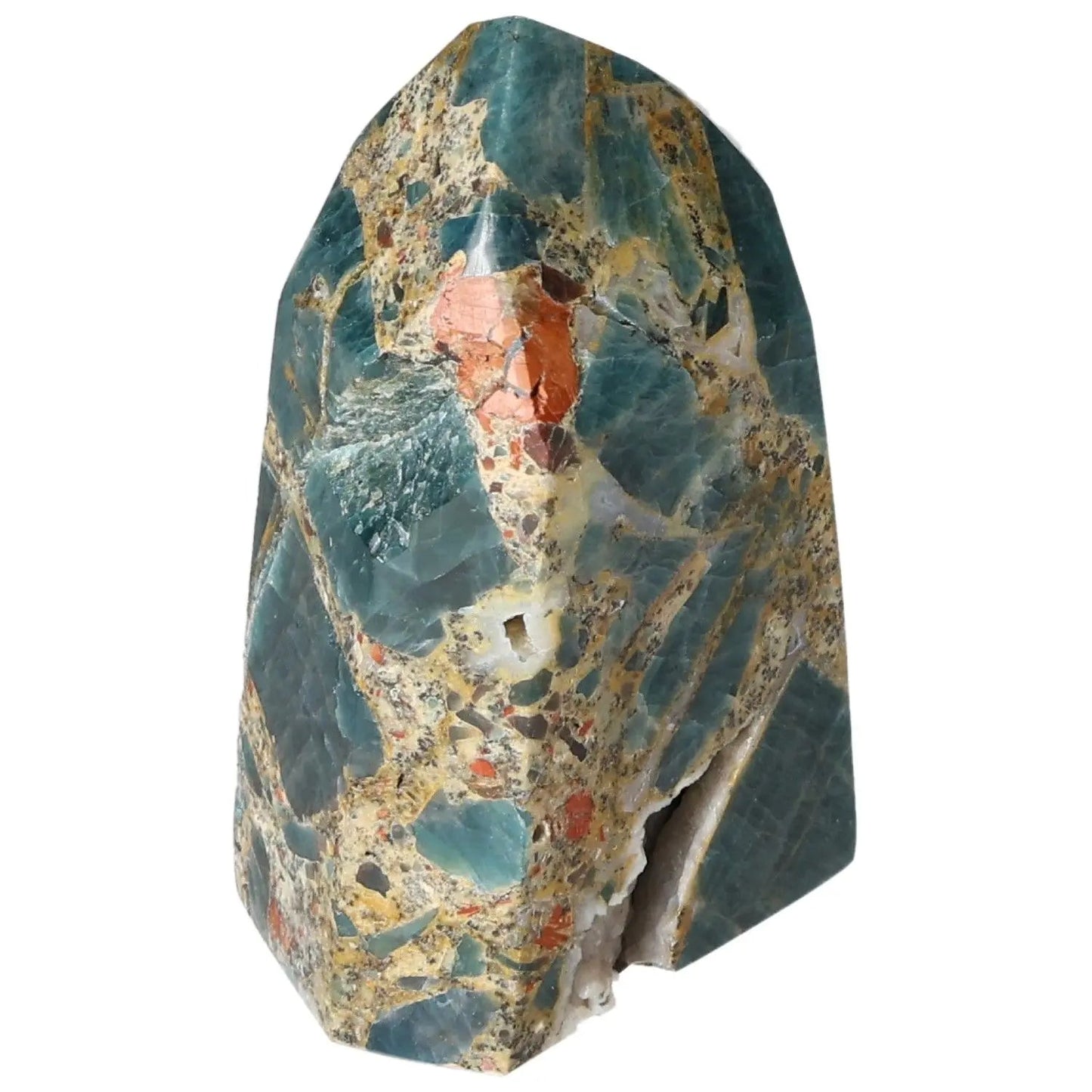 Apatite Obelisk from Sylvia Crystals, showcasing vibrant colors and unique patterns, symbolizing style and spirituality.