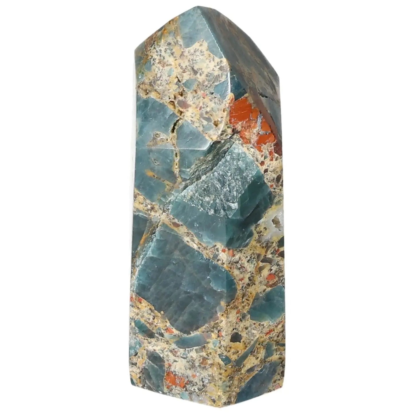 Apatite Obelisk from Sylvia Crystals, showcasing natural blue-green hues and intricate patterns, ideal for decoration and spiritual energy.