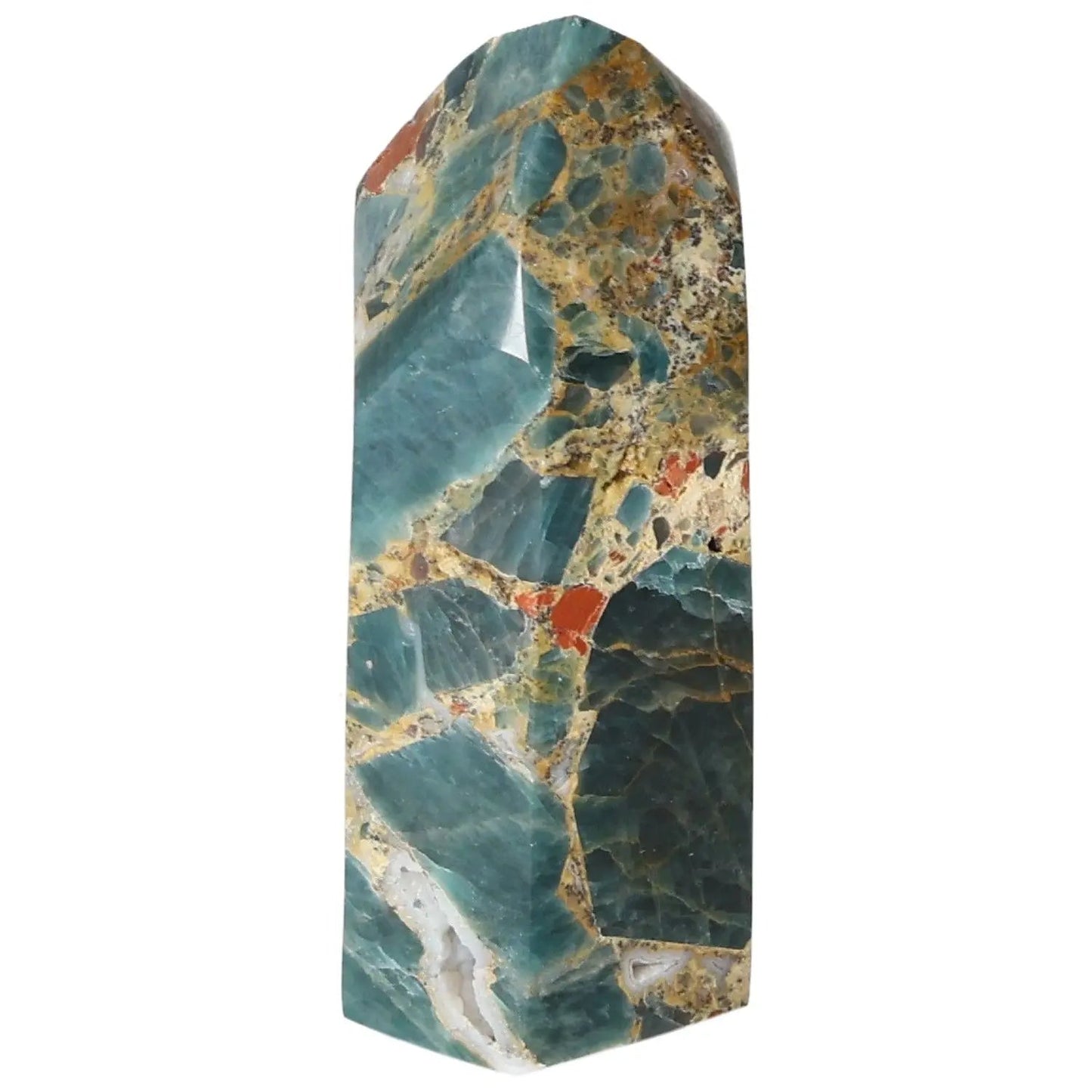 Elegant Apatite Obelisk by Sylvia Crystals, featuring exquisite craftsmanship and vibrant patterns for style and spiritual energy.