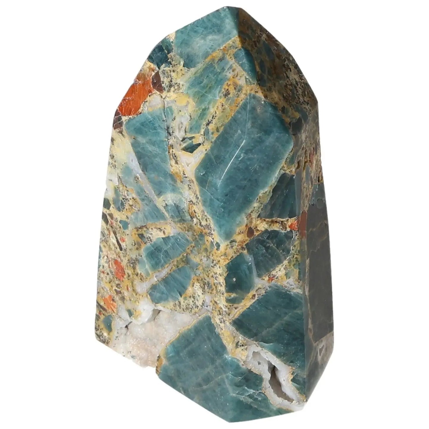 Exquisite Apatite Obelisk from Sylvia Crystals, showcasing vibrant colors and natural patterns. Perfect for style and spirituality.