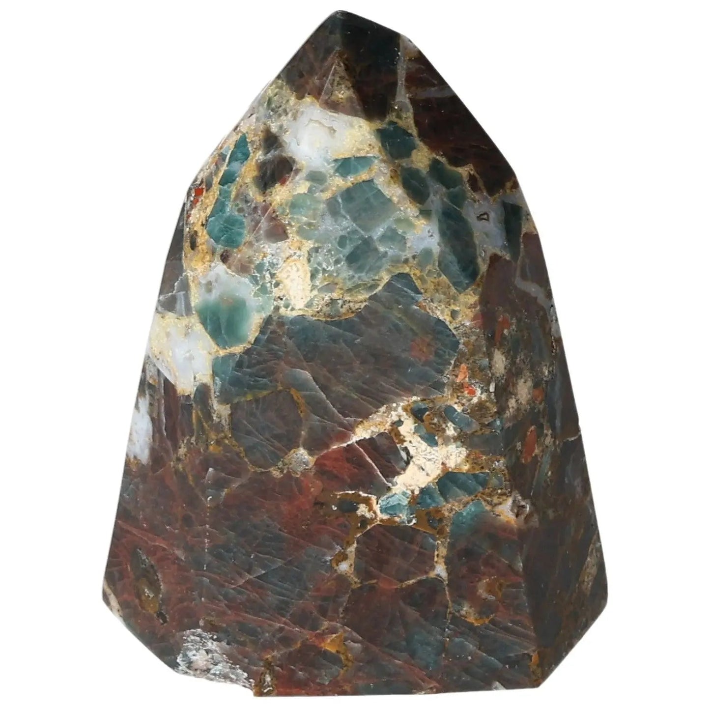 Apatite Obelisk crystal with blue and earthy hues, ideal for meditation and spiritual clarity. A luxury piece by Sylvia Crystals.