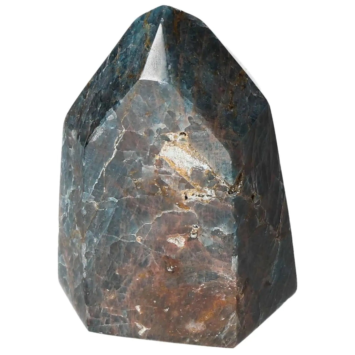 Apatite Obelisk by Sylvia Crystals, showcasing vibrant blue hues and natural texture, ideal for enhancing clarity and focus.