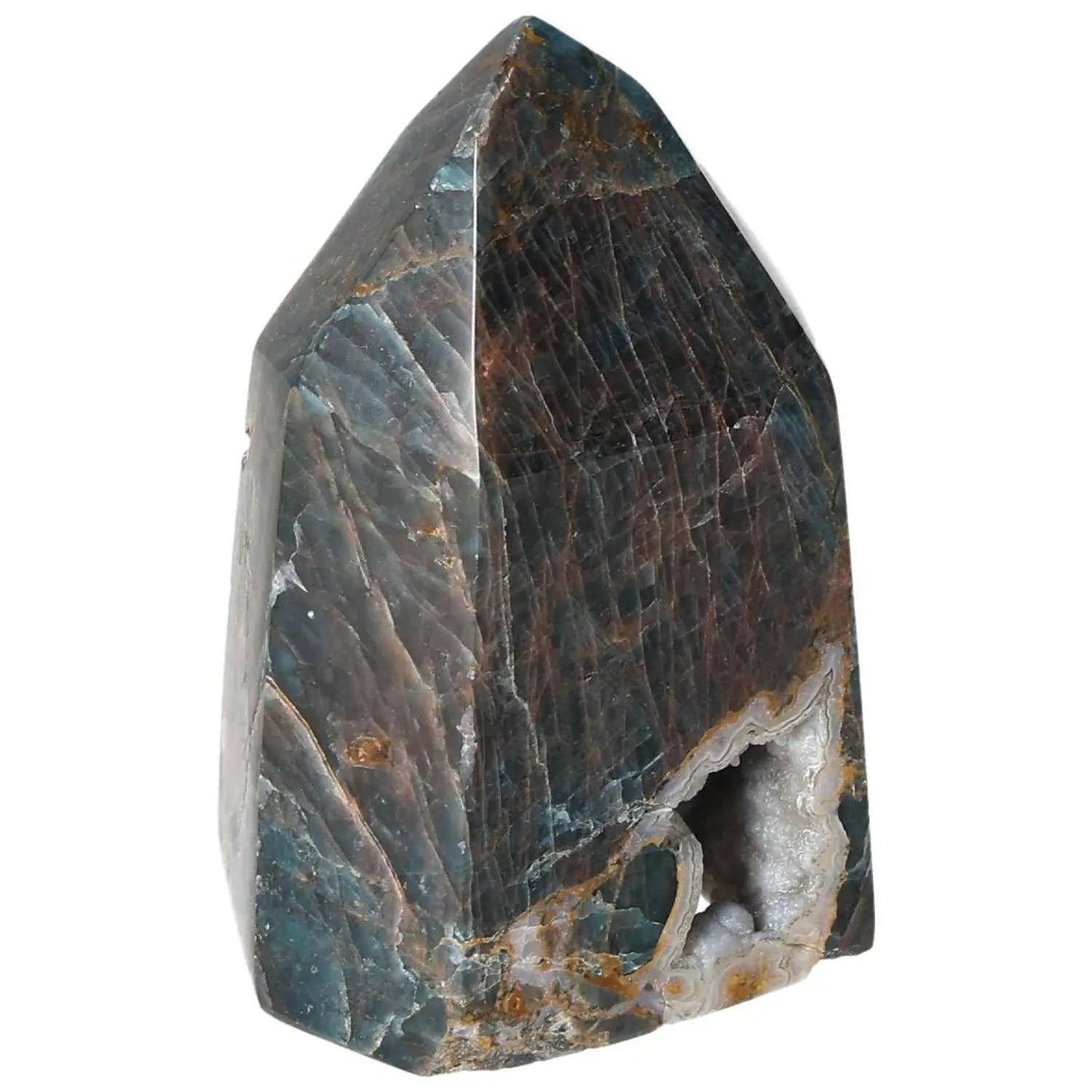 Apatite Obelisk by Sylvia Crystals, showcasing vibrant organic patterns and spiritual energy for enhancing clarity and focus.