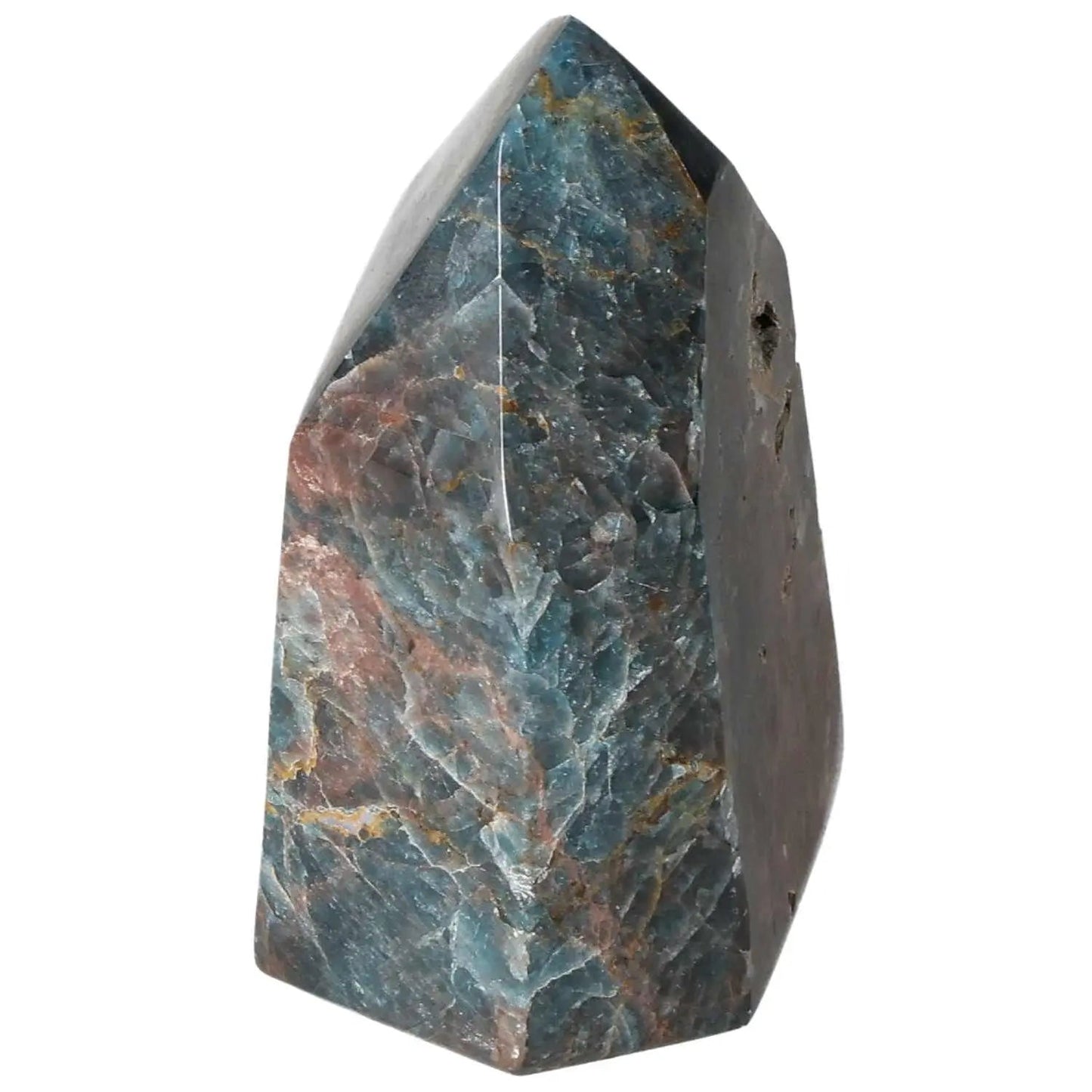 Apatite Obelisk crystal by Sylvia Crystals, showcasing vibrant colors and polished craftsmanship, enhancing clarity and focus.