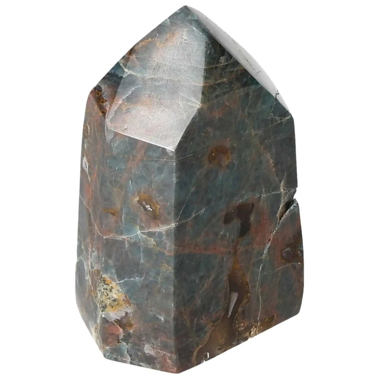 Apatite Obelisk with rich blue hues, crafted for clarity and spiritual elegance, exclusive by Sylvia Crystals.