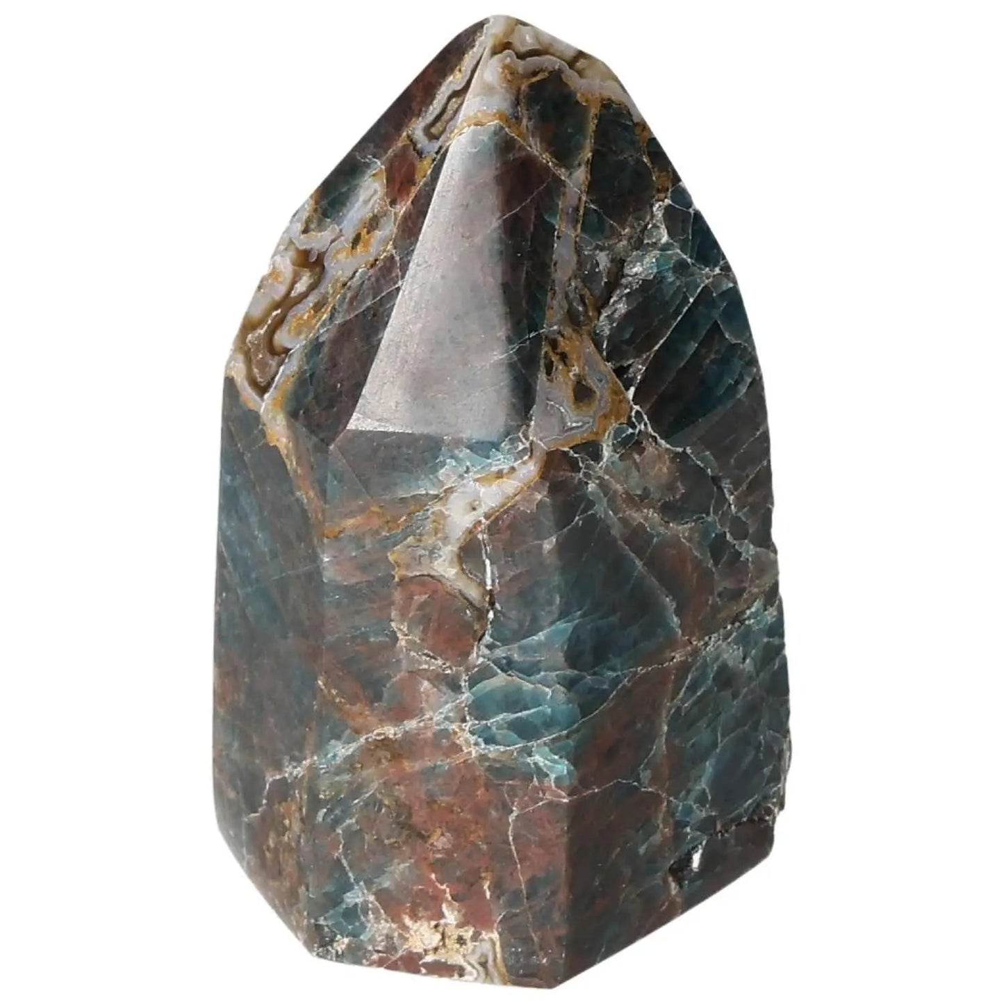 Vibrant blue apatite obelisk crystal for energy alignment and meditation from Sylvia Crystals.