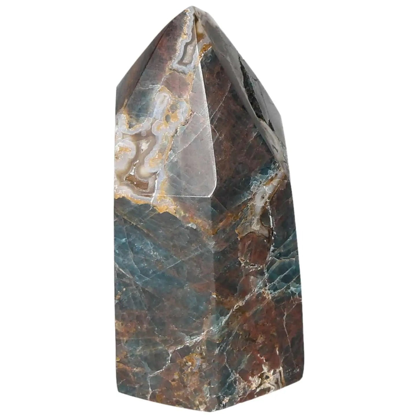 Apatite Obelisk from Sylvia Crystals, featuring vibrant blue hues. Ideal for energy alignment and meditation. Symbolizes clarity and growth.