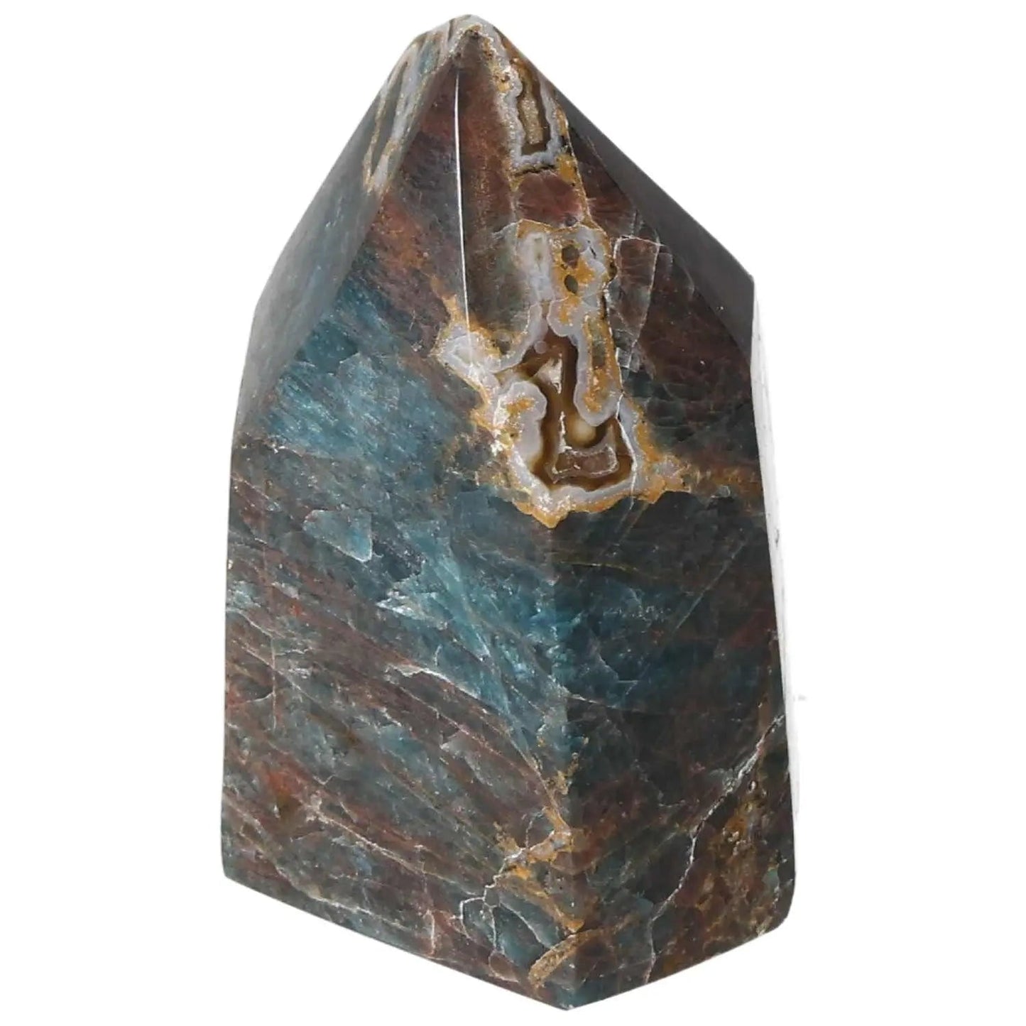 Vibrant blue Apatite Obelisk from Sylvia Crystals, ideal for energy alignment and meditation, featuring unique natural patterns.