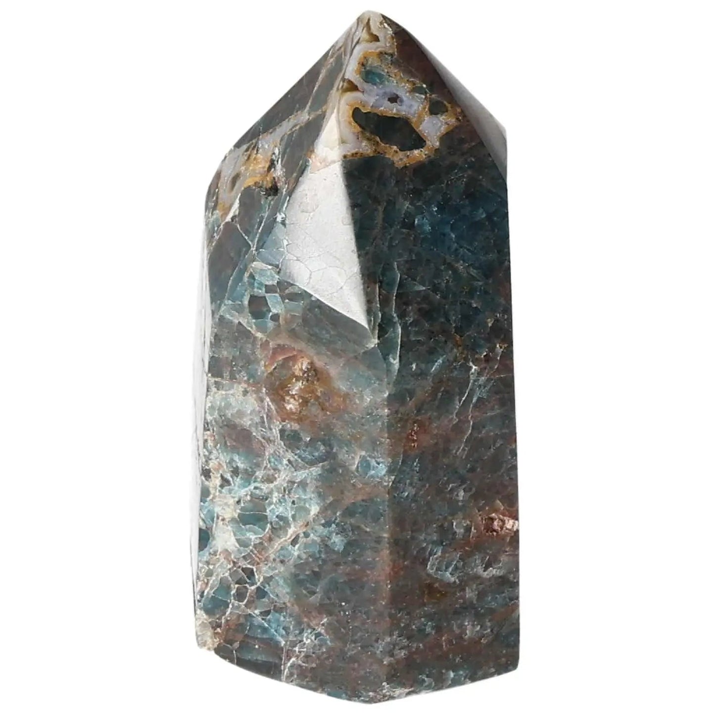 Vibrant blue Apatite Obelisk from Sylvia Crystals, ideal for energy alignment, meditation, and enhancing personal growth.