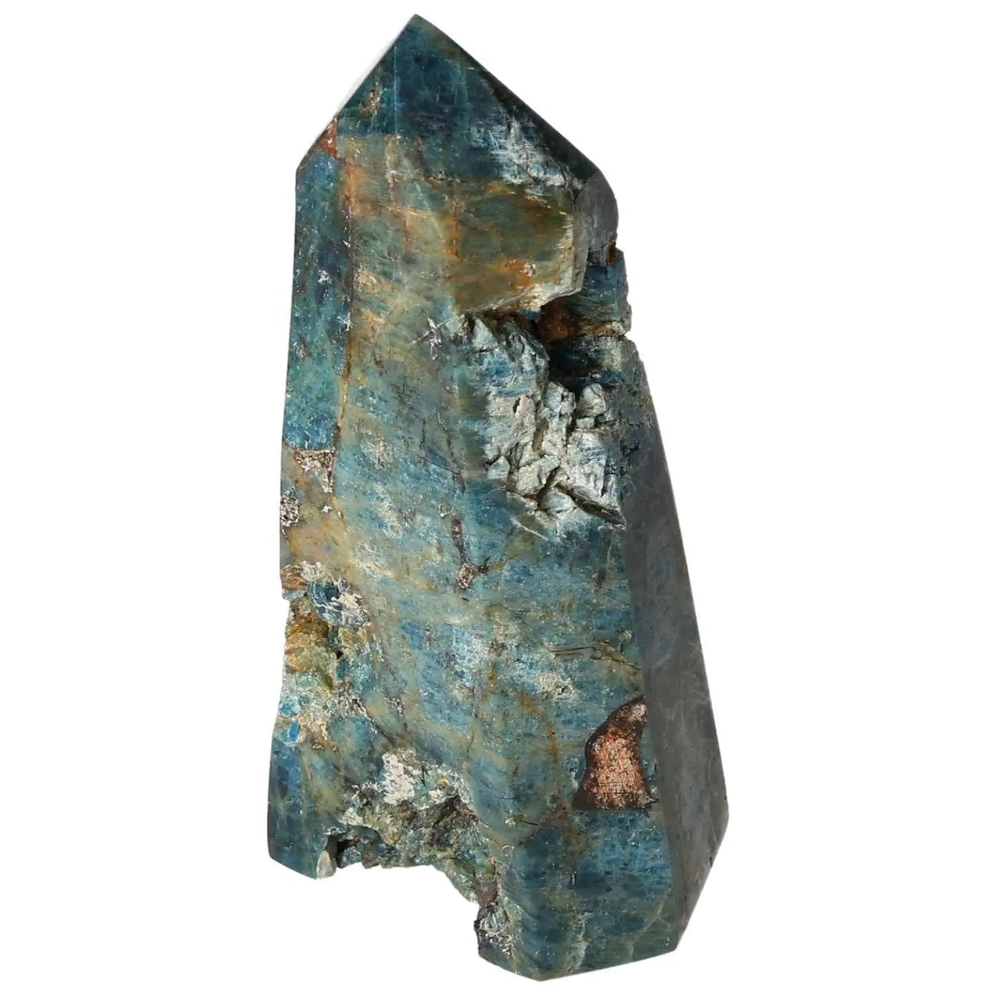 Apatite Obelisk showcasing natural blue hues, symbolizing luxury and spiritual depth, crafted by Sylvia Crystals.
