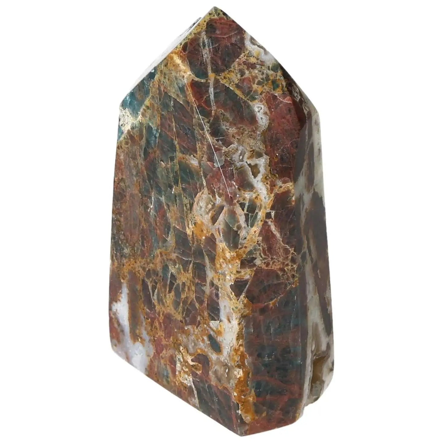 Apatite Obelisk with vibrant colors, offered by Sylvia Crystals, showcasing luxury and spirituality in its unique geometric design.