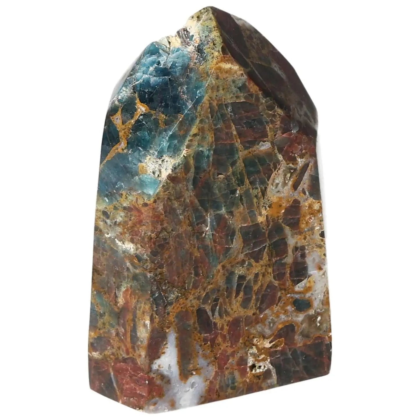 Vibrant Apatite Obelisk from Sylvia Crystals with unique geometric design and rich colors, showcasing luxury and spirituality.