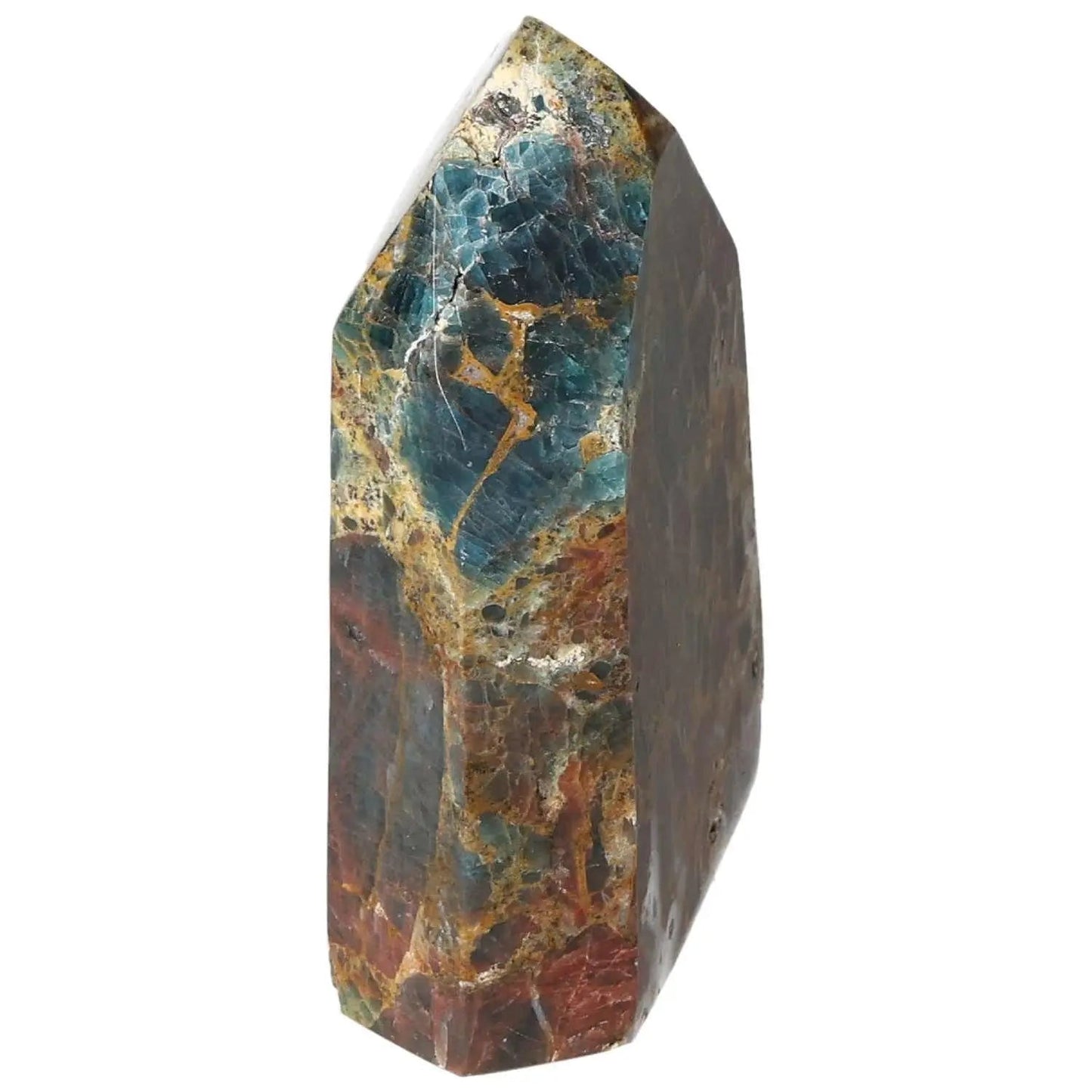 Apatite Obelisk from Sylvia Crystals, featuring vibrant hues and distinct geometry, symbolizing luxury and spirituality.
