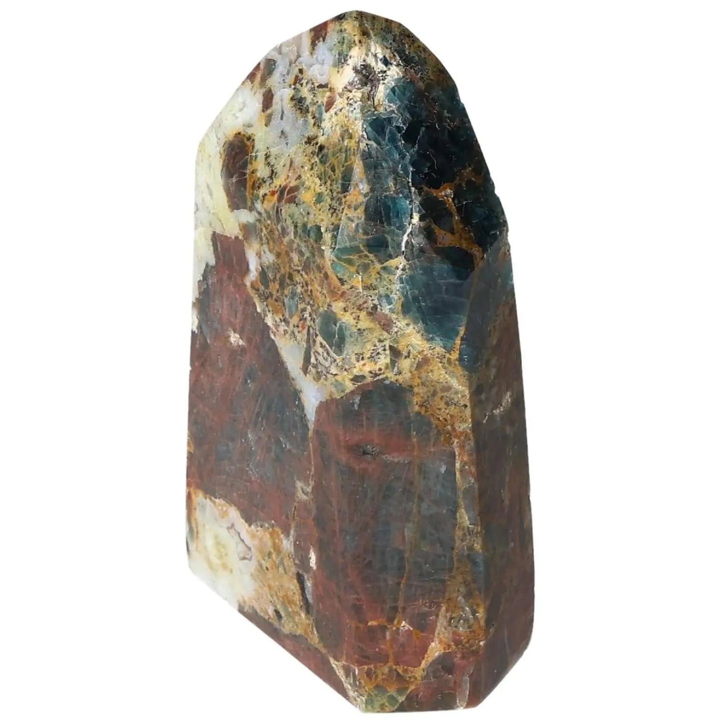 Elegant Apatite Obelisk with vibrant colors and geometric design from Sylvia Crystals.