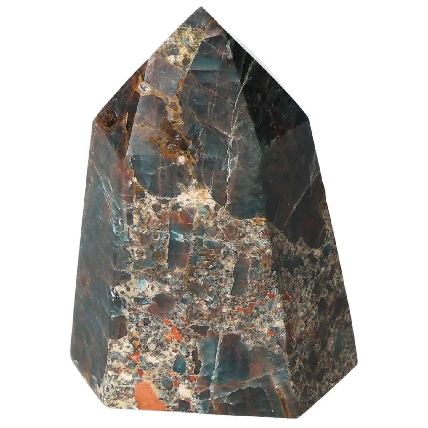 Apatite Obelisk by Sylvia Crystals showcasing vibrant colors and intricate patterns, highlighting its luxury and spiritual appeal.