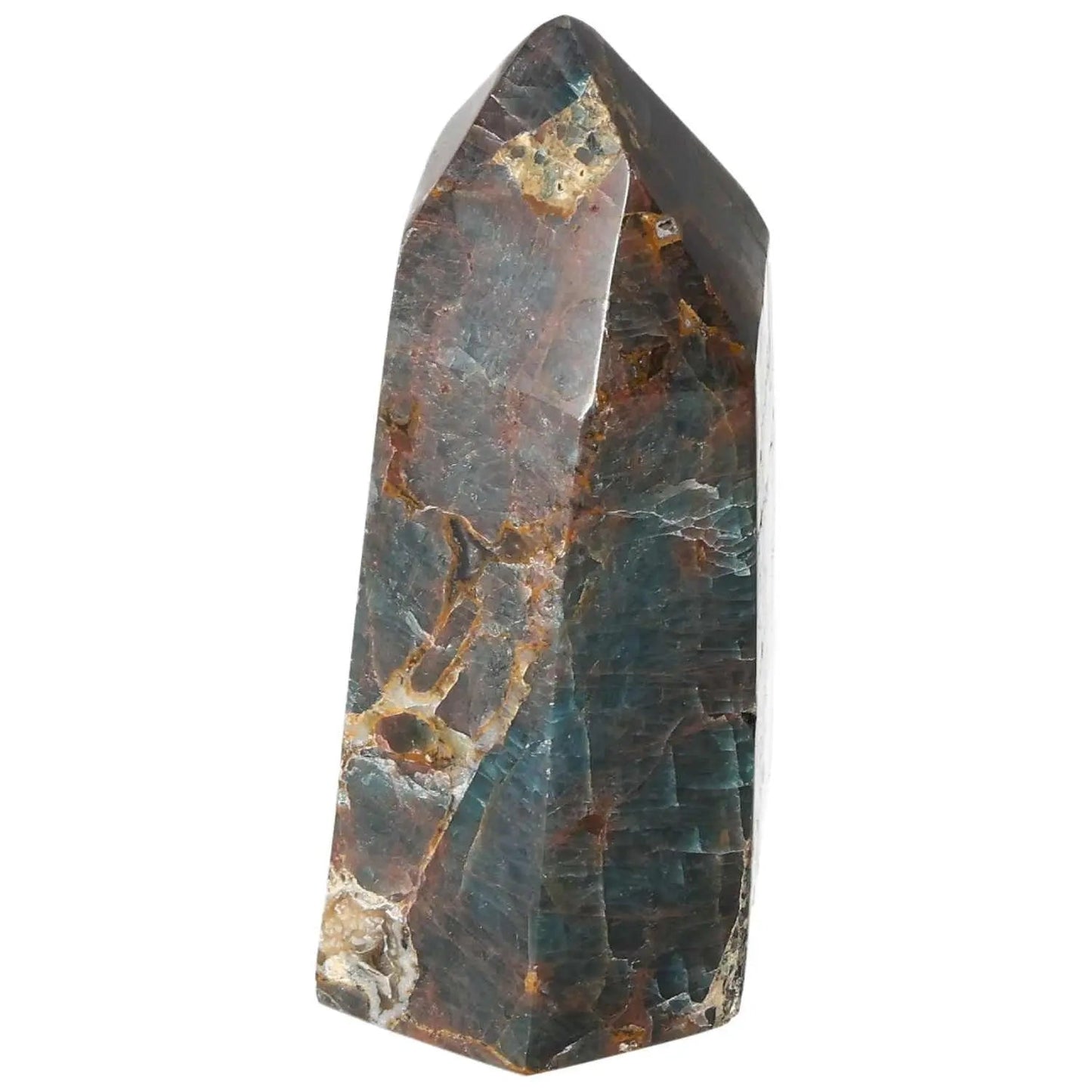 Apatite Obelisk by Sylvia Crystals, showcasing luxurious handcrafted design with vibrant colors, enhancing spiritual and aesthetic appeal.
