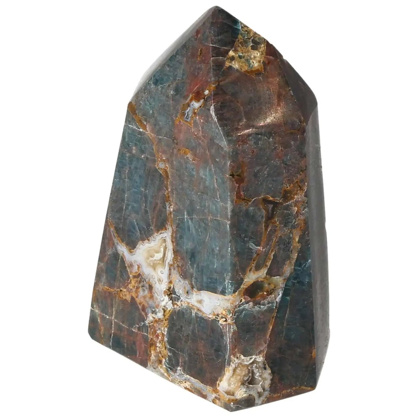 Apatite Obelisk by Sylvia Crystals, showcasing vibrant blue and brown hues, symbolizing luxury and elegance, ideal for home decor and energy.