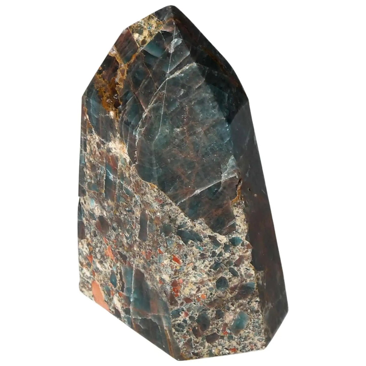 Apatite Obelisk by Sylvia Crystals showcasing vibrant colors and elegant design, enhancing spiritual and aesthetic appeal.